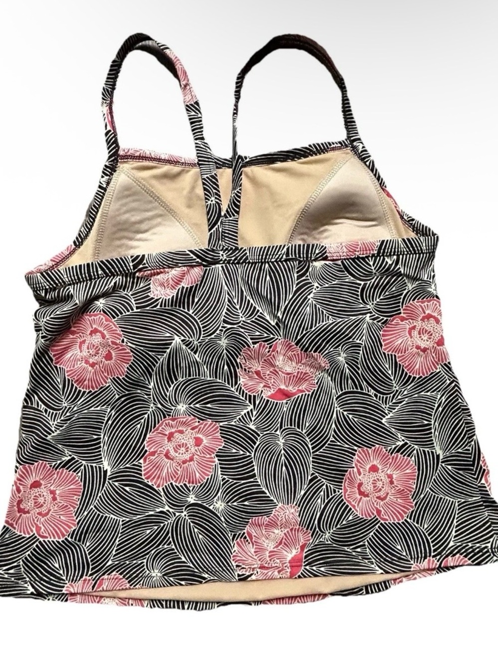 Women’s LL Bean Brown Pink Floral Tankini Top Size 12 Swim Beach Pool - Picture 2 of 3